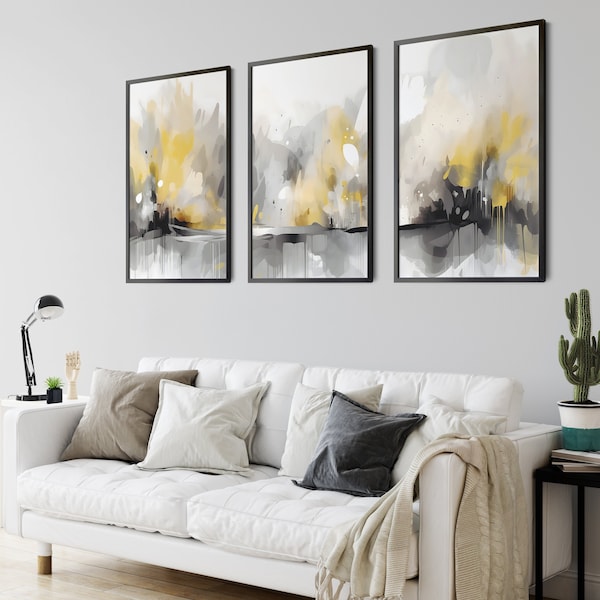 Yellow Grey Abstract Wall Art 3 Piece Art Set Of 3 Soft Yellow Decor Ochre And Grey Set Of 3 Wall Art Yellow Gray Lounge Wall Art Warm Grey