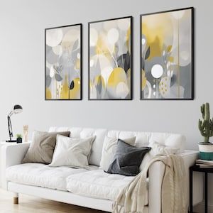 Arte de pared gris amarillo mostaza Arte abstracto amarillo Impresiones de arte boho amarillo suave y gris Conjunto de 3 arte de pared para sala de estar Impresiones grises amarillas
