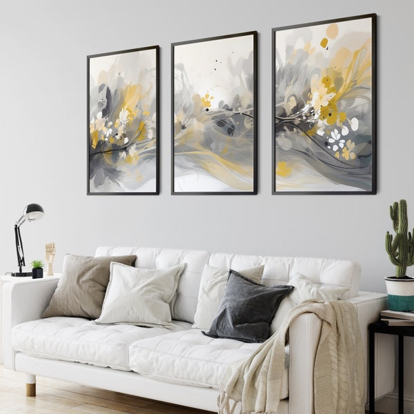 Soft Yellow Modern Gray Artwork Yellow And Grey Wall Art 3 Piece Set Mustard Yellow Gray Decor Yellow Abstract Living Room Calming Art Set