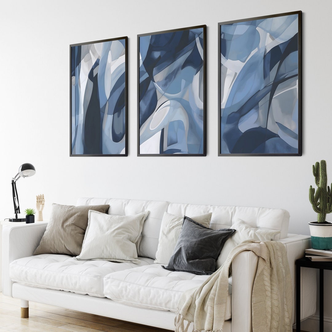 Navy Blue Abstract Wall Art 3 Piece Art Set Colour Gradient Art 3 Piece
