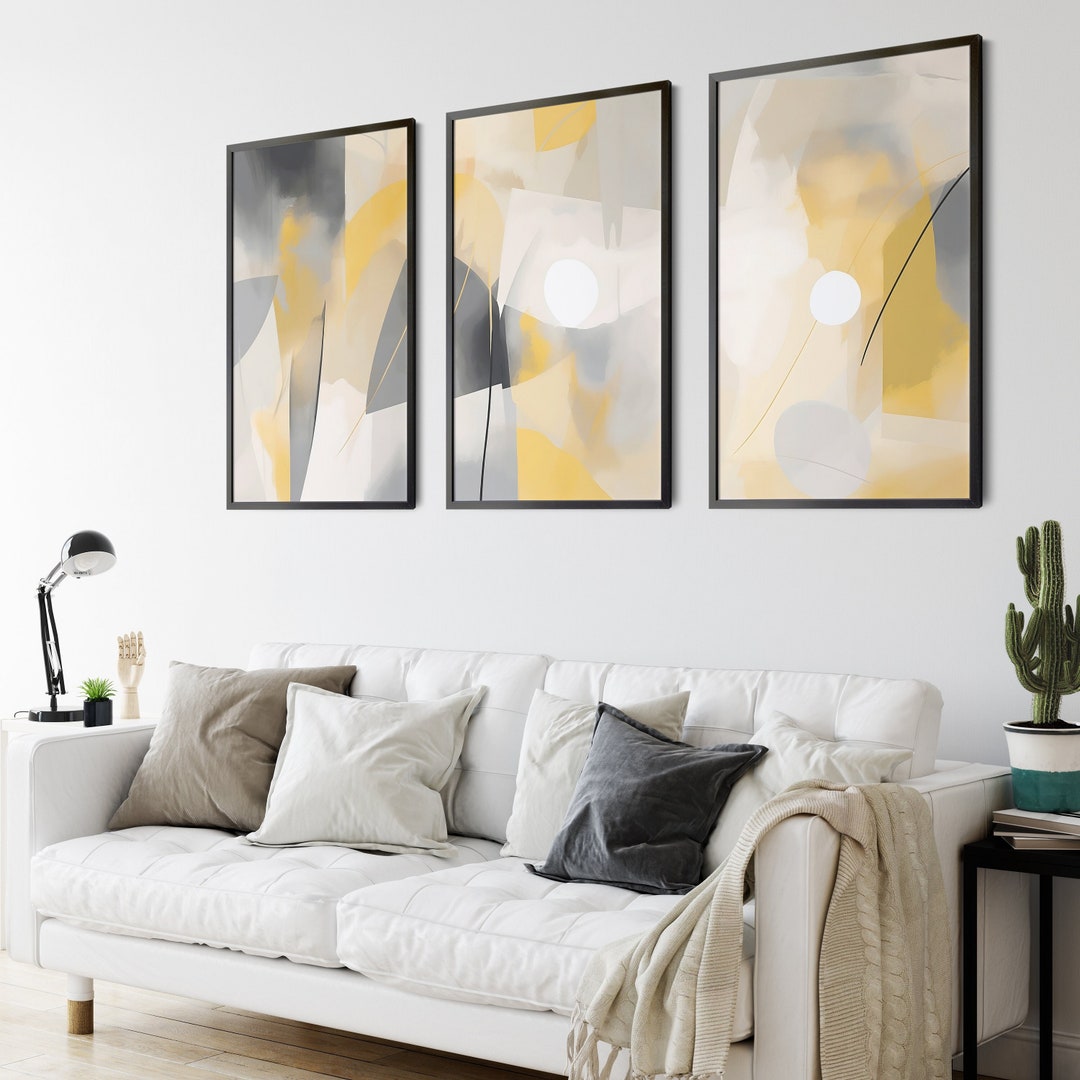 Yellow and Grey Art 3 Piece Set of 3 Piece Wall Art for Living Rooms
