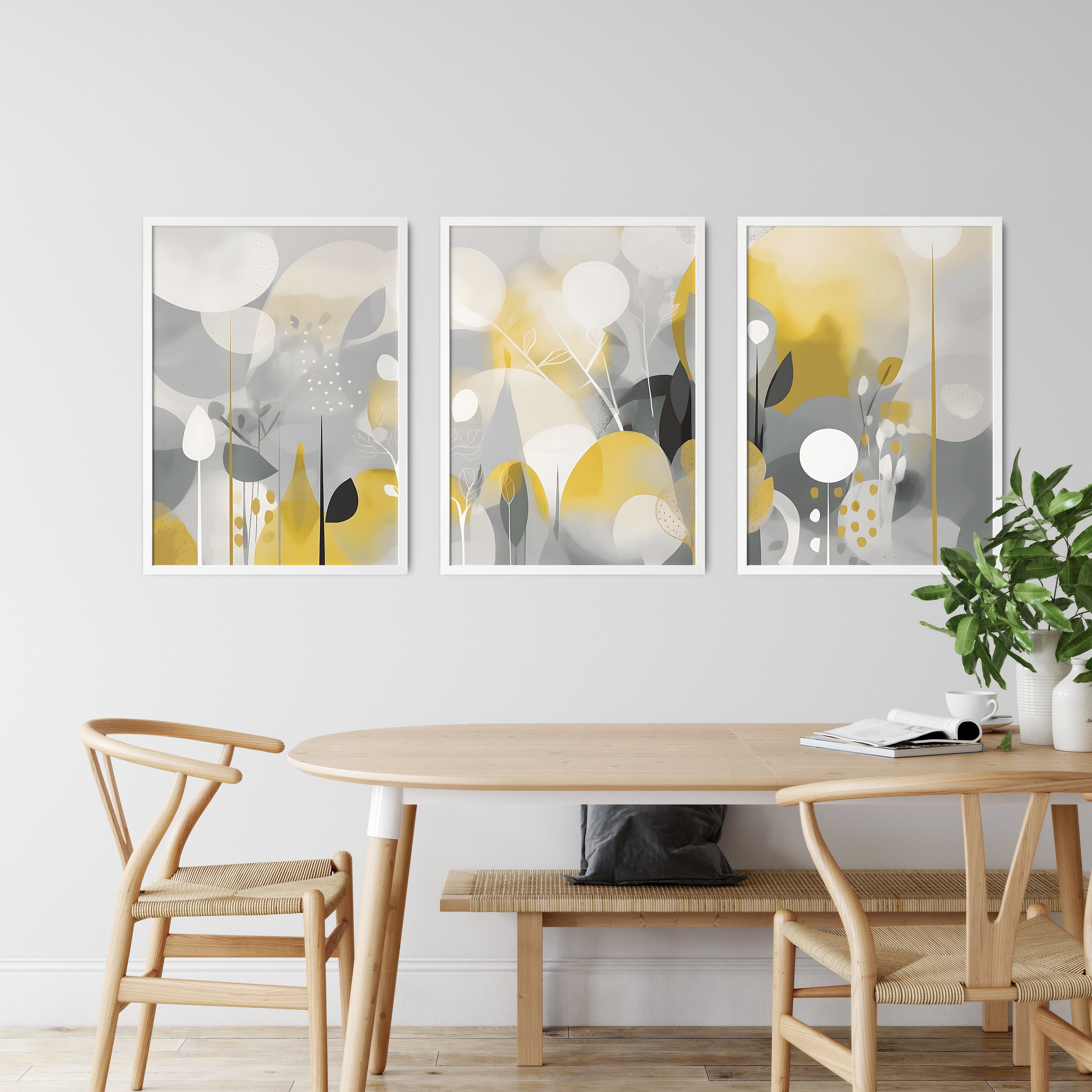 Yellow Gray Abstract Art Prints, Boho Wall Art Set (digital Download ...