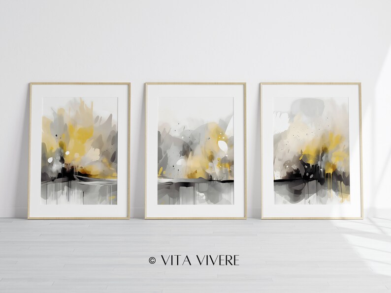 Yellow Grey Abstract Wall Art 3 Piece Art Set of 3 Soft Yellow Decor