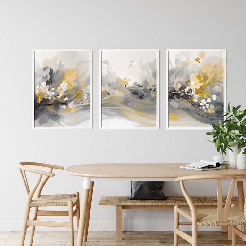 Soft Yellow Modern Gray Artwork Yellow and Grey Wall Art 3 Piece Set