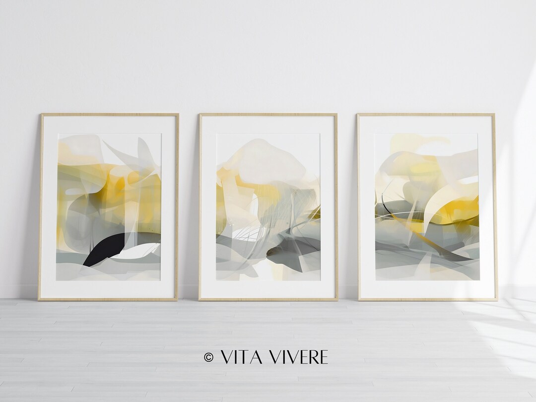 Yellow Gray Abstract Wall Art, Set of 3 Prints (digital Download) - Etsy