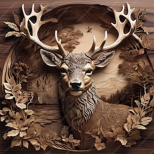 Könnte beinhalten: Sepiafarbene Illustration eines Hirsches mit großem Geweih, eingebettet in einen kreisförmigen Holzrahmen. Der Hirsch ist der Mittelpunkt, umgeben von geschnitztem Laub und einer Waldszene im Hintergrund. Das Kunstwerk hat ein rustikales, natürliches Thema.