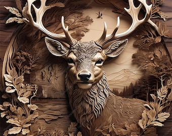 May include: A detailed, sepia-toned illustration of a stag with large antlers, set within a circular wooden frame. The stag is the focal point, surrounded by carved foliage and a forest scene in the background. The artwork has a rustic, natural theme.
