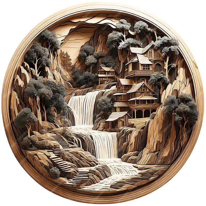 Waterfall Scene, Laser Burn PNG, Laser Burn Files, Laser Engraving File for xTool, Glowforge, Sculpfun, Laser Engrave File, 3D Illusion Laser File, Wall Art, Plaque, Water Fall Scene, Village Scene