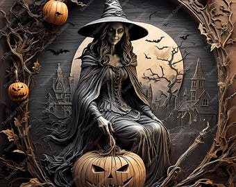 Laser Burn PNG, Laser Engrave File, 3D Illusion Laser File, Laser Engraving File, xTool, Trick or Treat, Plaque, Halloween, Witch, Pumpkin