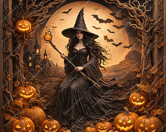 May include: A digital illustration of a witch in a black dress and pointed hat holding a glowing staff, surrounded by carved jack-o'-lanterns, bare trees, and a large full moon. Bats fly in the background near a dark castle silhouette.