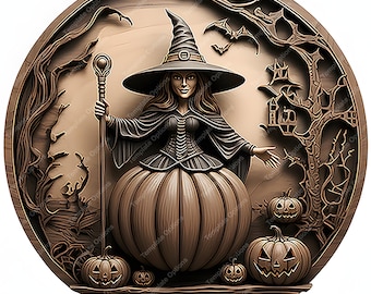 May include: A circular wooden relief carving featuring a witch wearing a pointed hat and holding a staff, emerging from a large pumpkin. The scene includes smaller carved jack-o'-lanterns, bare trees, and flying bats in a monochromatic brown tone.