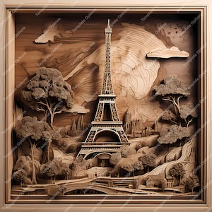 May include: A wooden sculpture of the Eiffel Tower in Paris, France. The sculpture is intricately carved with details of the tower, surrounding buildings, and trees. The background is a carved wooden sky with clouds.