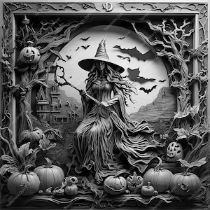 Halloween, Pumpkin, Witch, Laser Burn PNG,  SVG File, 3D Illusion, Laser Engrave file, Laser Engraving File, Laser Burn File, Laser Cut Files, Laser Burn Files, 3d Laser Files, Plaque, Xtool file, Lightburn file, Glowforge File, Co2 Laser File, Trick or Treat