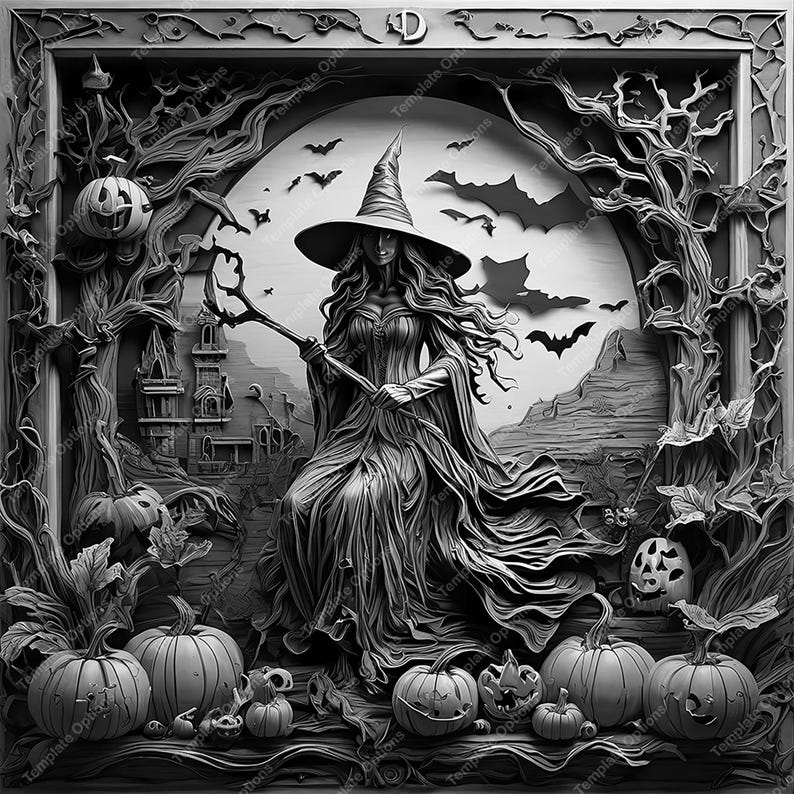 Halloween, Pumpkin, Witch, Laser Burn PNG,  SVG File, 3D Illusion, Laser Engrave file, Laser Engraving File, Laser Burn File, Laser Cut Files, Laser Burn Files, 3d Laser Files, Plaque, Xtool file, Lightburn file, Glowforge File, Co2 Laser File, Trick or Treat