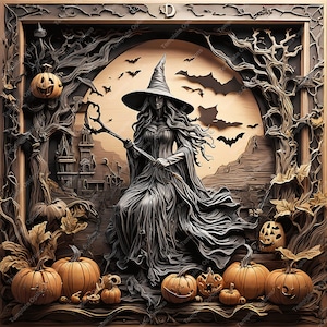 May include: A carved wooden Halloween scene with a witch in a black dress and hat holding a staff. The scene is set in a forest with pumpkins and bats.