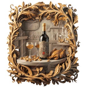 May include: A carved wooden frame with ornate details surrounds a still life scene. A bottle of red wine, two glasses of white wine, a roasted chicken, and a bowl of nuts are arranged on a table. The scene is set in a rustic, antique-style bar.