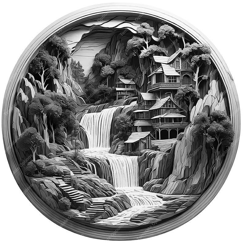 Waterfall Scene, Laser Burn PNG, Laser Burn Files, Laser Engraving File for xTool, Glowforge, Sculpfun, Laser Engrave File, 3D Illusion Laser File, Wall Art, Plaque, Water Fall Scene, Village Scene