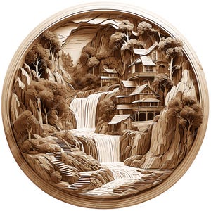 Waterfall Scene, Laser Burn PNG, Laser Burn Files, Laser Engraving File for xTool, Glowforge, Sculpfun, Laser Engrave File, 3D Illusion Laser File, Wall Art, Plaque, Water Fall Scene, Village Scene