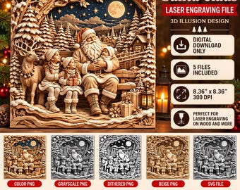 May include: A digital laser engraving file featuring a 3D illusion design of Santa Claus sitting on a bench with two children and a reindeer in a snowy forest. The image includes text: Santa Claus, Laser Engraving File, 3D Illusion Design, Digital Download Only, 5 Files Included, 8.36" x 8.36" 300 DPI, Perfect for Laser Engraving on Wood and More.