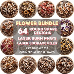 3D Illusion, Laser Engrave File, Laser Burn PNG, Laser Engraving File, xTool, Glowforge, Sculpfun, Plaque, 64 Round Shape Flowers Bundle