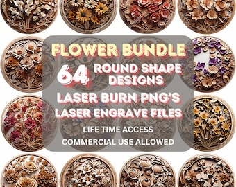 3Dイリュージョンフラワーバンドル、レーザー彫刻ファイル、レーザーバーンPNG、レーザー彫刻ファイル、xTool、Glowforge、Sculpfun、プラーク、64個のラウンドシェイプ