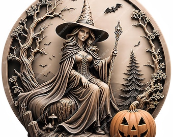 May include: A circular relief carving in sepia tones featuring a figure in a pointed hat and cloak holding a staff. The scene includes bare trees, flying bats, a pine tree, and a carved jack-o'-lantern with a smiling face at the base.