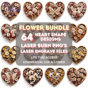 3D Illusion, Laser Burn PNG, Laser Engrave File, Laser Engraving File, xTool, Glowforge, Sculpfun, Plaque, 64 Heart Shape Flowers Bundle