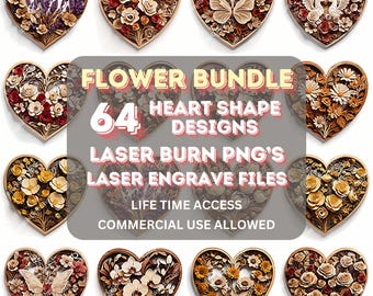 3Dイリュージョンフラワーバンドル64ハートシェイプ、レーザーバーンPNG、レーザー彫刻ファイル、レーザー彫刻ファイル、xTool、Glowforge、Sculpfun、プラーク