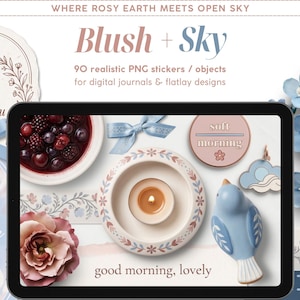 90 Realistic Digital Stickers, Blush and Sky, Scene Creator Clipart Objects, PNG Digital Download