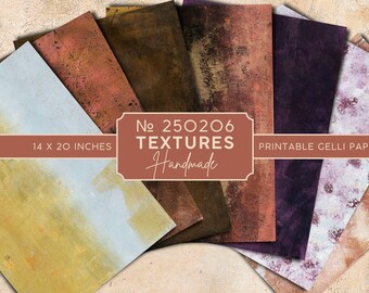 May include: Set of six printable gelli papers with textured backgrounds in shades of brown, purple, and white. The papers are 14 x 20 inches and are labeled "No 250206 TEXTURES Handmade PRINTABLE GELLI PAPERS".
