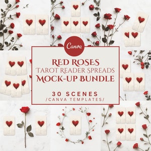Pacchetto di mockup di diffusione dei tarocchi di 30, rose rosse, modelli Canva, mock-up per lettori di tarocchi, stock in stile flatlay spirituale, uso commerciale