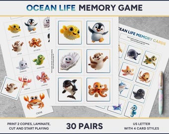 Ocean Life Memory Game, Printable Cards 30 Pairs | Matching Game for Kids Ages 4-10 | Preschool Classroom Homeschool