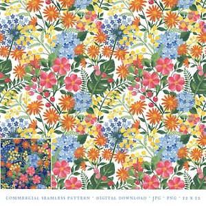 Puede incluir: Un vibrante patrón floral con flores naranjas, rosas, azules y amarillas sobre un fondo blanco. Una imagen más pequeña insertada muestra una disposición floral similar sobre un fondo azul oscuro. El texto en la parte inferior dice: COMMERCIAL SEAMLESS PATTERN • DIGITAL DOWNLOAD • JPG • PNG • 12 X 12.