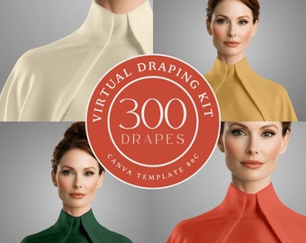 Pode incluir: Imagem promocional de um kit de drapeado virtual com 300 modelos. As mulheres usam drapeados em creme, dourado, verde e vermelho. O kit é um modelo Canva.