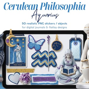 50 Aquarius Realistic PNG Stickers, Celestial Photo Clipart, Blue Zodiac Digital Download, Astrology Journal