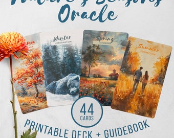 Baraja de oráculos Nature's Seasons imprimible, 44 cartas, bricolaje para imprimir en casa, 6 reversos, tema de la naturaleza en acuarela, guía, descarga instantánea