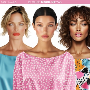 May include: Three women modelling different blouses. The first woman is wearing a light blue blouse. The second woman is wearing a pink blouse with white polka dots. The third woman is wearing a colourful blouse with abstract shapes.