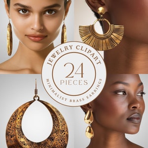 May include: A set of 24 minimalist brass earrings. The earrings are in various styles, including hoop, drop, and stud. The earrings are all gold in color. The image also includes a text overlay that says "Jewelry Clipart 24 Pieces Minimalist Brass Earrings".