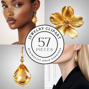 Puede incluir: Una colección de 57 pendientes de oro minimalistas, que presentan una variedad de estilos, incluyendo un pendiente en forma de lágrima con una piedra preciosa transparente y un pendiente simple y curvo. El texto "Jewelry Clipart" y "Minimalist Gold Earrings" se muestra en un círculo blanco con el número 57 y la palabra "Pieces" en el centro.