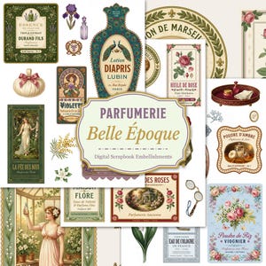Può includere: Una collezione di abbellimenti digitali per scrapbook in stile vintage. L'immagine presenta etichette di profumi, flaconi e illustrazioni con testo come "Parfumerie Belle Époque" e "Lotion Diapris Lubin". La tavolozza dei colori include verdi, blu e rosa.