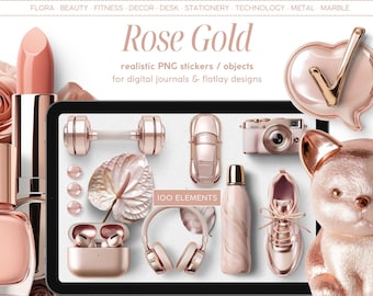 Realistic Digital Stickers, Rose Gold, Scene Creator Clipart, PNG Objects, Digital Dashboard, Planner, Journal, Flatlay Moodboard