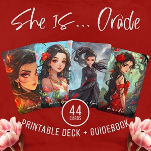 Afdrukbaar She Is Oracle-deck, 44 kaarten, thuis printen, DIY, 6 achterkanten, anime-stijl, vrouwelijk thema, gids, direct downloaden