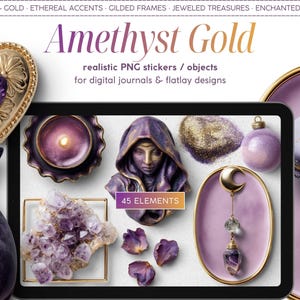 Puede incluir: Una variedad de elementos de arte digital en tonos morados y dorados, que incluyen un colgante en forma de corazón, una figura de gato y varios objetos decorativos. La imagen incluye el texto "Amethyst Gold" y "realistic PNG stickers / objects for digital journals & flatlay designs."