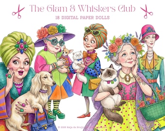 18 muñecas de papel imprimibles para collage, Glam & Whiskers Club, tarjetas, álbumes de recortes, diarios, descarga digital, imágenes prediseñadas PNG JPG