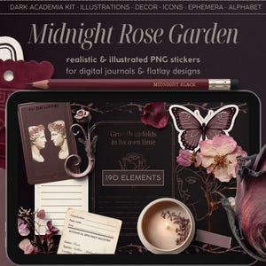 Könnte beinhalten: Digitales Kunst-Kit "Midnight Rose Garden" mit realistischen und illustrierten PNG-Stickern. Das Bild zeigt ein Tablet mit Schmetterling, Rose, Kerze und einem Stift mit der Aufschrift "Midnight Black".