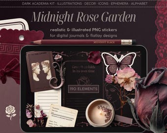 190 pegatinas realistas para agenda digital de Dark Academia, jardín de rosas de medianoche, diario, PNG transparente, creador de escenas de objetos.