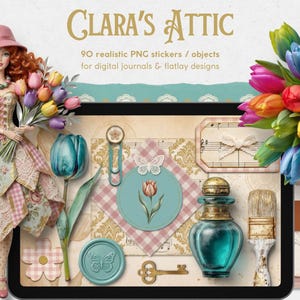 90 pegatinas digitales, estilo rococó cottagecore vintage, el ático de Clara, objetos de imágenes prediseñadas de Scene Creator, descarga digital PNG realista