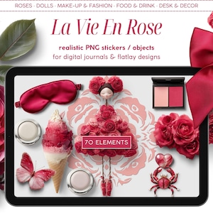 Stickers numériques réalistes, La vie en rose, cliparts créateur de scène, objets PNG, tableau de bord numérique, agenda, journal, tableau d'ambiance à plat
