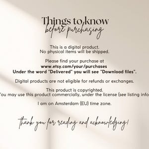 Pode incluir: Texto preto e branco sobre um fundo branco com as palavras "Things to know before purchasing". O texto explica que o produto &eacute; um download digital e n&atilde;o um item f&iacute;sico. Tamb&eacute;m indica que o produto &eacute; protegido por direitos autorais e pode ser usado comercialmente sob licen&ccedil;a.