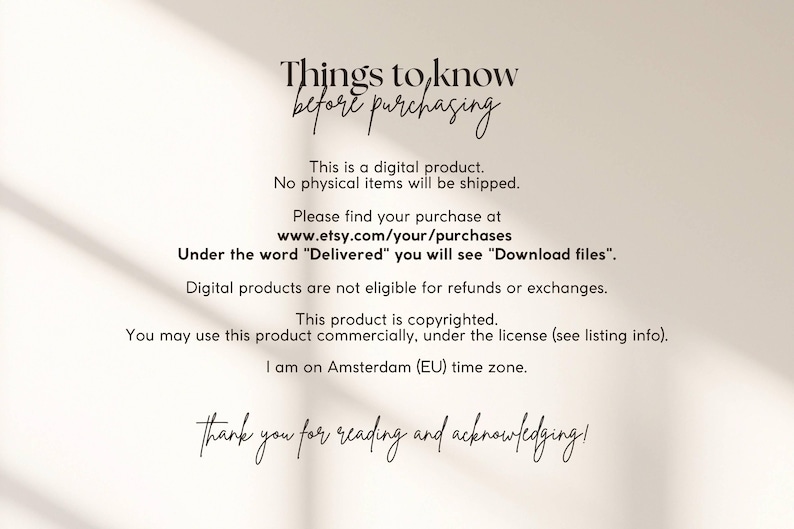 Pode incluir: Texto preto e branco sobre um fundo branco com as palavras "Things to know before purchasing". O texto explica que o produto &eacute; um download digital e n&atilde;o um item f&iacute;sico. Tamb&eacute;m indica que o produto &eacute; protegido por direitos autorais e pode ser usado comercialmente sob licen&ccedil;a.